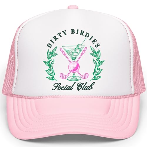Dirty Birdies Social Club Funny Golf Women's Classic 5 Panel Mesh Snap Back Trucker Hat White/Pink Trucker Hat