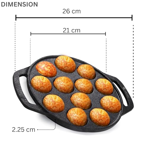 Image of Omichef Cast Iron Paniyaram Pan (Appe Maker) Pre-Seasoned 12 Pits Appam Maker | Small Paddu Pan | Naturally Non-Stick | Gas & Induction Compatible