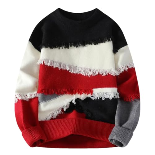 Men's Ripped Fringe Sweater Vintage Fringe Knit Sweater Round Neck Pullover