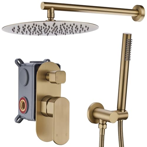 Brushed Gold Brass Shower Set Concealed Mixer Valve System Bathroom 12 Inch Rainfall Shower Head Round Handheld 2 Function Kit