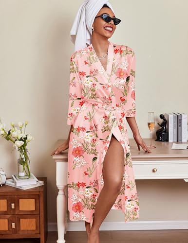 Image of Ekouaer Silk Robes for Women Long Satin Bride Bridesmaid Wedding Party Robes Lightweight Sexy Sleepwear with Pockets