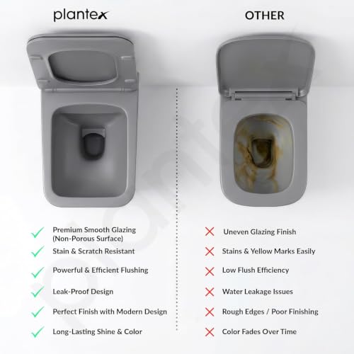 Image of Plantex Rimless Western Toilet /Imported Italica Ceramic Wall Hung Commode Toilet /Washdown Commode with Soft Closing Toilet Seat - P Trap (Square - Matt Light Grey)