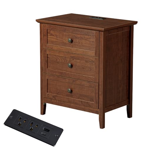 Karl home Farmhouse Nightstand with Charging Station, Wide End Table with 3 Large Drawers & Mental Handles, Wood Small Side Table of Drawers for Bedroom, Living Room, Closet, Brown