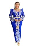 Plawden Gold Embroideries Formal African Dress for Women with Leather Belt Long Sleeve Wedding Guest Gown Royal Blue XL