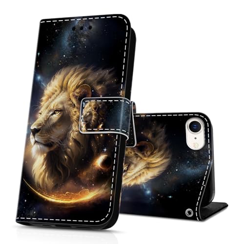 DiaryTown Funda para iPhone 8 / iPhone 7 Cartera Carcasa Libro de PU Cuero Tapa Flip Folio Case Dibujos Función Soporte Antigolpes Protectora Cover iPhone SE 2020 / iPhone SE 2022 5G   León Espacial