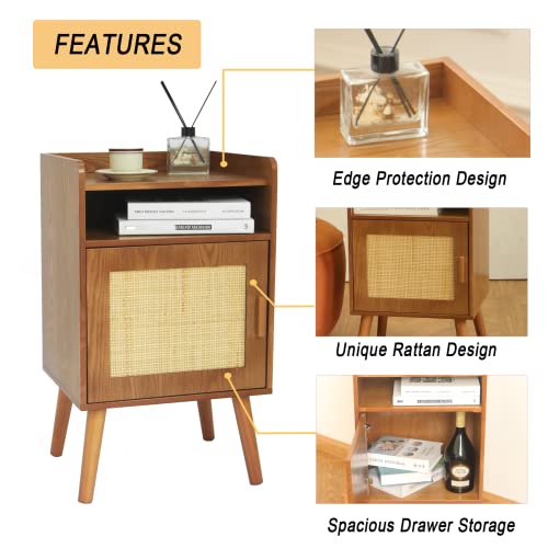 Awasen Mid Century Modern Nightstand, Rattan Nightstand With 2-Tier Shelf And Door, Bedside Table With Storage For Small Spaces, Bedroom,Living Room, Easy Assembly, Brown Walnut #TOP3