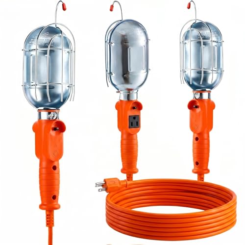 75W Trouble Light with Metal Guard 25ft 16 AWG Extension Cord Hanging Work Light with Outlet On/Off Switch & Hook Mechanic Work Light for Garage Construction Household Projects ETL Listed
