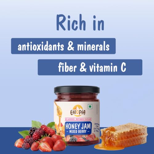 Image of Eatopia Sugar Free Mixed Berry Honey Jam | 100% Pure & Natural | Healthy Jam for Kids & Adults | 70% Real Fruit Berries | No Added Flavours & Preservatives | Sweetness from Real Fruits & Honey | Pack of 1 | 240g