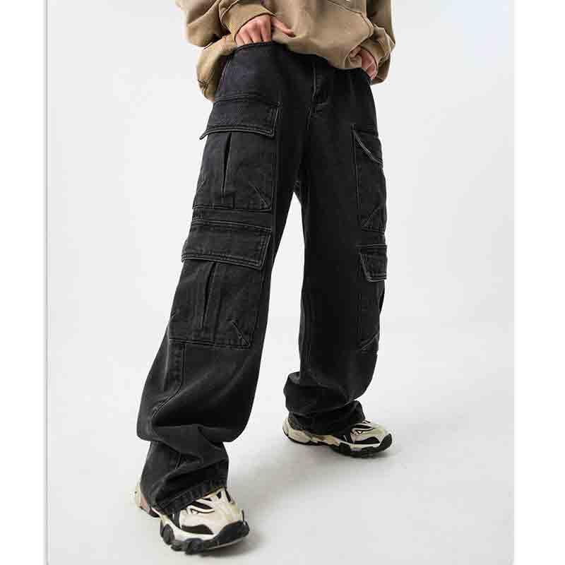 Men's Multi Pocket Design Jeans Vintage Washed and Worn Cargo Pants Loose Casual Wide Leg Pants4