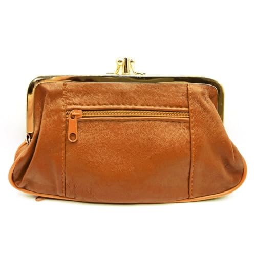Charmoni - Grande Portefeuille Porte Monnaie Femme - à Fermeture clic clac Fermoir - Poche zippée - en Cuir d'agneau (Camel)
