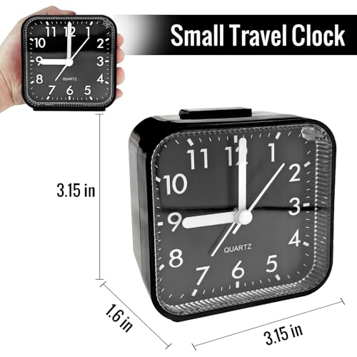 Image of Lamisola Small Analog Alarm Clock for Bathroom, Black Travel Clock, Battery Operated, Quieter Bedside Dial Clocks for Bedrooms Kitchen, Shelf Desk Clock