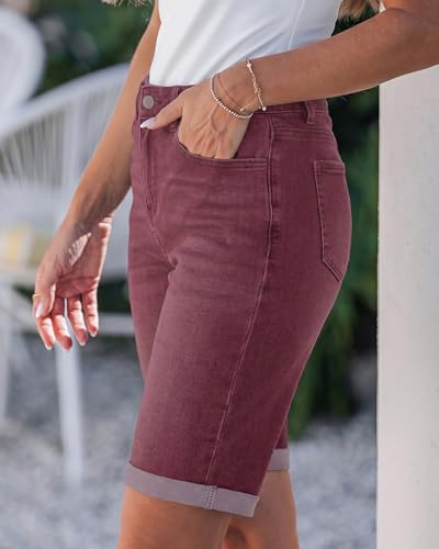 Image of luvamia Bermuda Jean Shorts Women High Rise Stretchy Cuffed Hem Denim Jorts