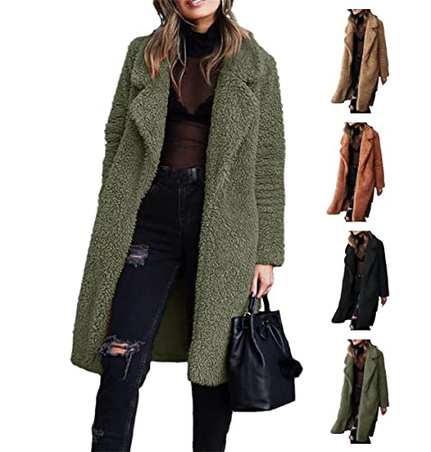 HINDOLA Women Fuzzy Fleece Lapel Open Front Long Cardigans Coat Faux Fur Fall Winter Warm Outwear Long Jackets3