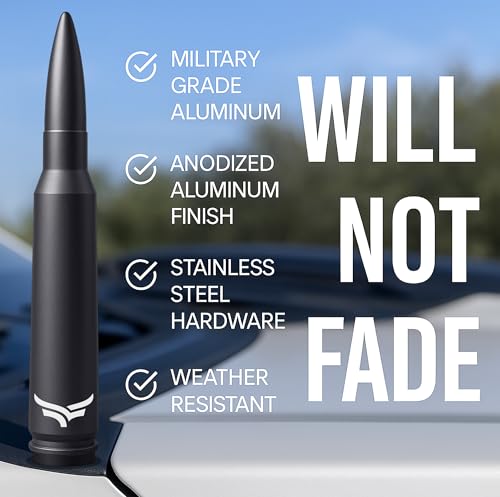 Image of EcoAuto 50 Cal Bullet Antenna for Ford F150 F250 F350 & Dodge Ram & Ford Raptor Bronco - Instantly Upgrade Your Truck Look with F150 Antenna - Anti-Theft Antenna Topper - Matte Black Bullet Antenna