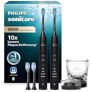 Philips Sonicare DiamondClean 9000 elektrische Zahnbürste, Doppelpack, Schallzahnbürste mit App, Drucksensor, 4 Putzmodi, 3 Intensitätsstufen, Ladeglas, schwarz, Modell HX9914/63