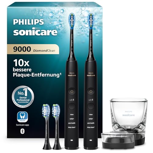 Philips Sonicare DiamondClean 9000 elektrische Zahnbürste, Doppelpack, Schallzahnbürste mit App, Drucksensor, 4 Putzmodi, 3 Intensitätsstufen, Ladeglas, schwarz, Modell HX9914/63