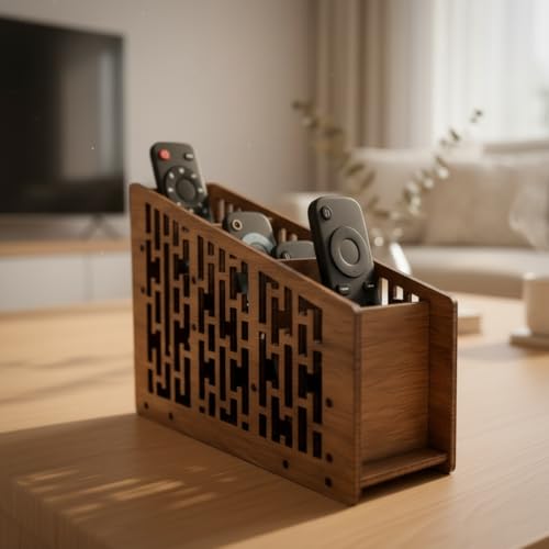 Image of Wooden Remote Control Holder - 4 Slot Remote Organizer Stand for Coffee Table TV Remote Caddy Storage Box for Living Room & Desk Size 7 x 5 x 2.5 Inches