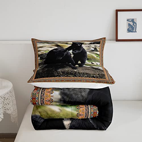 Black Bear Comforter Set Retro Hunting Wild Animal Bedding Set Queen For Teens Boys Men,Indian Boho Aztec Duvet Insert For Rustic Lodge Cabin Room Decor 3D Bear Down Comforter Warm Durable #TOP4