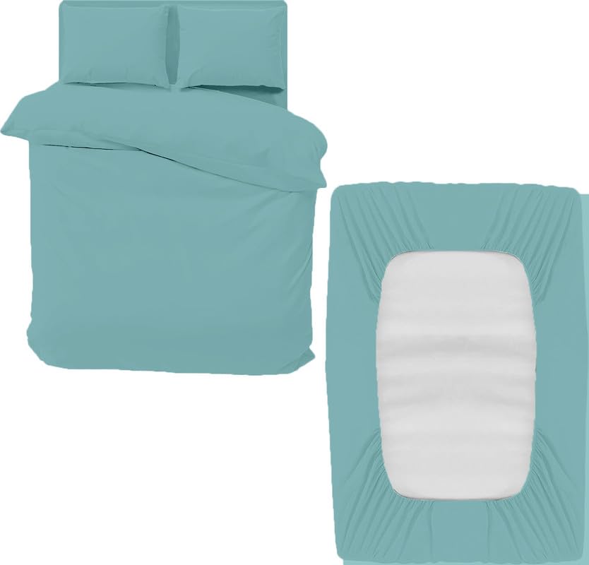 DTEX HOMES 4 Piece Microfiber Duvet Cover Sets - Double Duvet Set Includes 1 Duvet Cover, 1 Fitted Sheet and 2 Pillowcases, Ideal Bed Sets for a Cozy and Comfortable Sleep (DuckEgg-Double)