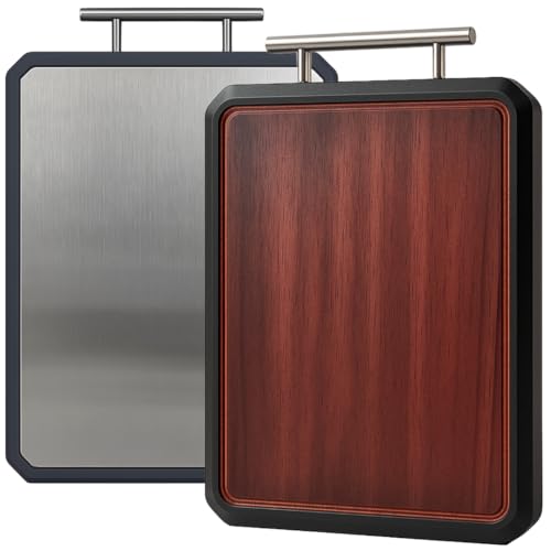 Wood and Stainless Steel Chopping Board 38x23cm – Double-Sided Cutting Board for Meat and Vegetables – Non-Slip Kitchen Carving Board with Juice Groove