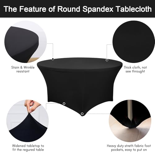 Image of Fixwal 4 Pack 60 Inch Round Tablecloth, Fitted Spandex Round Table Cloths - Washable Black Stretchable Table Cover, Elastic Fabric for Wedding, Party, Restaurant, Christmas, Thanksgiving