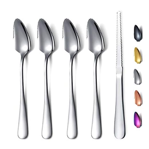 HOMQUEN Grapefruit Spoons 5 Pieces Set, 4 Stainless Steel Grapefruit Spoon and 1 Grapefruit Knife with Titanium Plating, Grapefruit Utensil Set, Serrated Edges Spoon Pack of 5 (Silver)