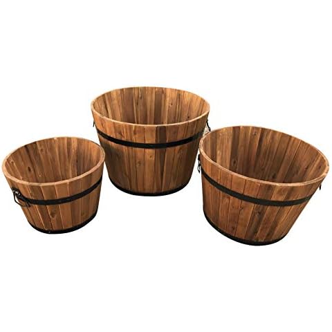 Set von 3 halbes Fass Holz Hartholz massiv rund Garden Blume Pflanzschalen Blumentöpfe Cover