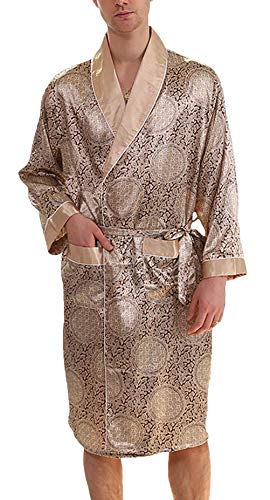 INSTO Bata para Hombre de Manga Larga con Cuello en V Impreso Albornoz Ocio Suave Pijama de Seda Camisón Casual sencilla/Gold / 3XL Cover