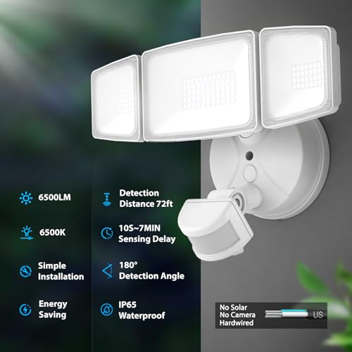 Onforu 65W LED Flood Light Motion Sensor Outdoor, 6500lm LED Security Light with Three Head, IP65 Waterproof LED Exterior Floodlight, 6500k Wall Light for Entryways Stairs Yard Garage