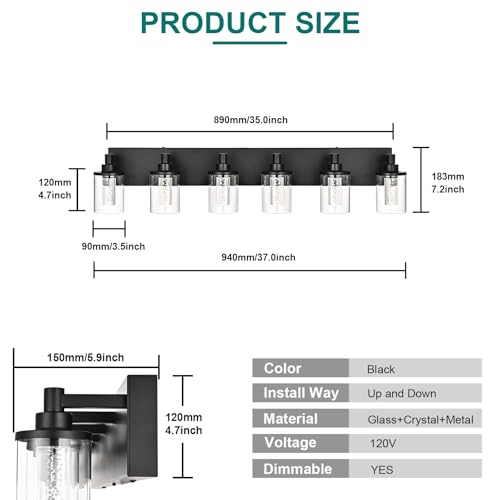 Image of Integrated LED Modern Bathroom Light Fixtures Over Mirror, 6 Light Bathroom Vanity Light Black Dimmable Vanity Lights with Crystal Bubble Glass ?Built-in LED Bulbs Included?
