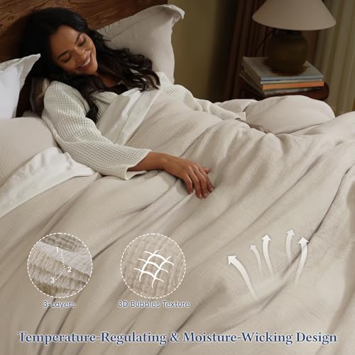 Image of David's Home Cotton Muslin Comforter Set, Queen Size Ultra‑Soft Breathable Summer Bedding, 3Pcs Lightweight 100% Cotton Cover with Polyester Fill, 1 Linen‑Like Comforter & 2 Pillow Shams, Natural