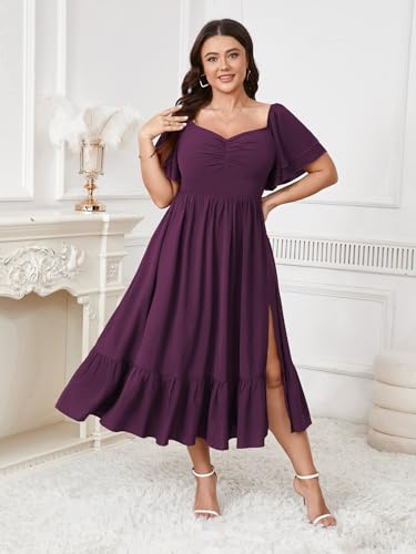 Image of SCOMCHIC Womens Plus Size Wedding Guest Cocktail Dresses Sweetheart Neckline Short Sleeve Smocked Ruffle Slit Maxi Dress