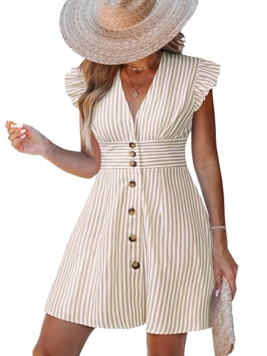 Image of CUPSHE Women's Striped Summer Dresses V Neck Casual Mini Dress Flutter Sleeve Ruffle Button Sundresses