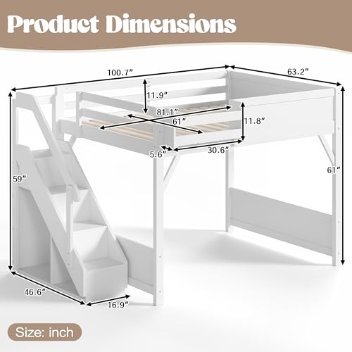 Image of KEIKI Solid Wood Queen Size Loft Bed Frame with Stairs, Built-in Wardrobe and Storage Space, Queen Loft Bed with Shelves, Queen-Length Guardrails, No Box Spring Needed for Bedroom, Light White