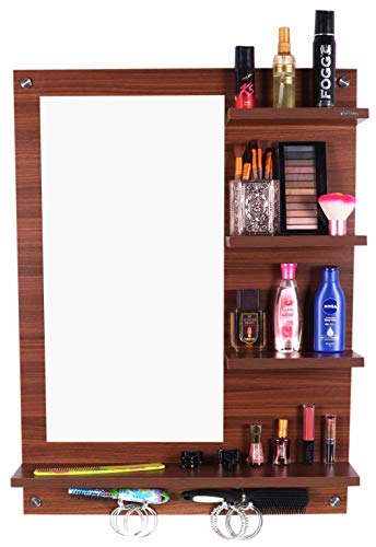 Image of Madhuran Blejaa Engineered Wood Wall Mounted Dressing Mirror with Storage Shelf | Rectangular Bathroom Wash Basin Vanity Mirror for Bedroom, Living Room & Makeup Area | 60 x 80 cm | Classic Walnut