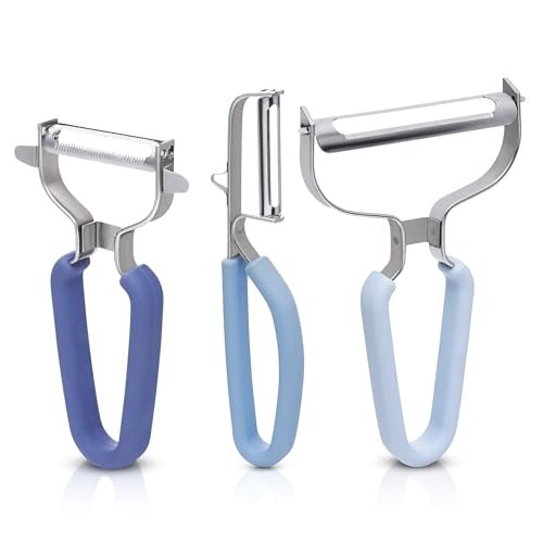 CuttleLab Vegetable Peeler Set – Serrated, Straight & Wide Blades- great apple peeler & potato peelers, Carrots, Zucchini, Cucumbers – Soft Grip Handle- Eye Remover – Dishwasher Safe (3, Farmhouse)
