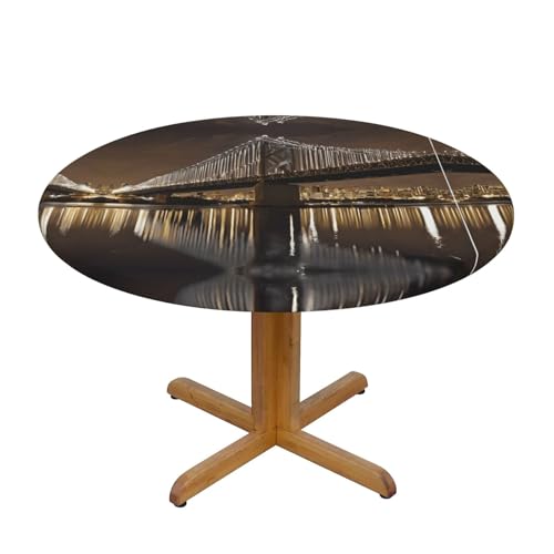 NPOREJKNGF Nappe de table ronde New York Manhattan Bridge Night – Belle nappe imprimée d'un seul côté avec ourlet élastique, imperméable et résistante aux taches...