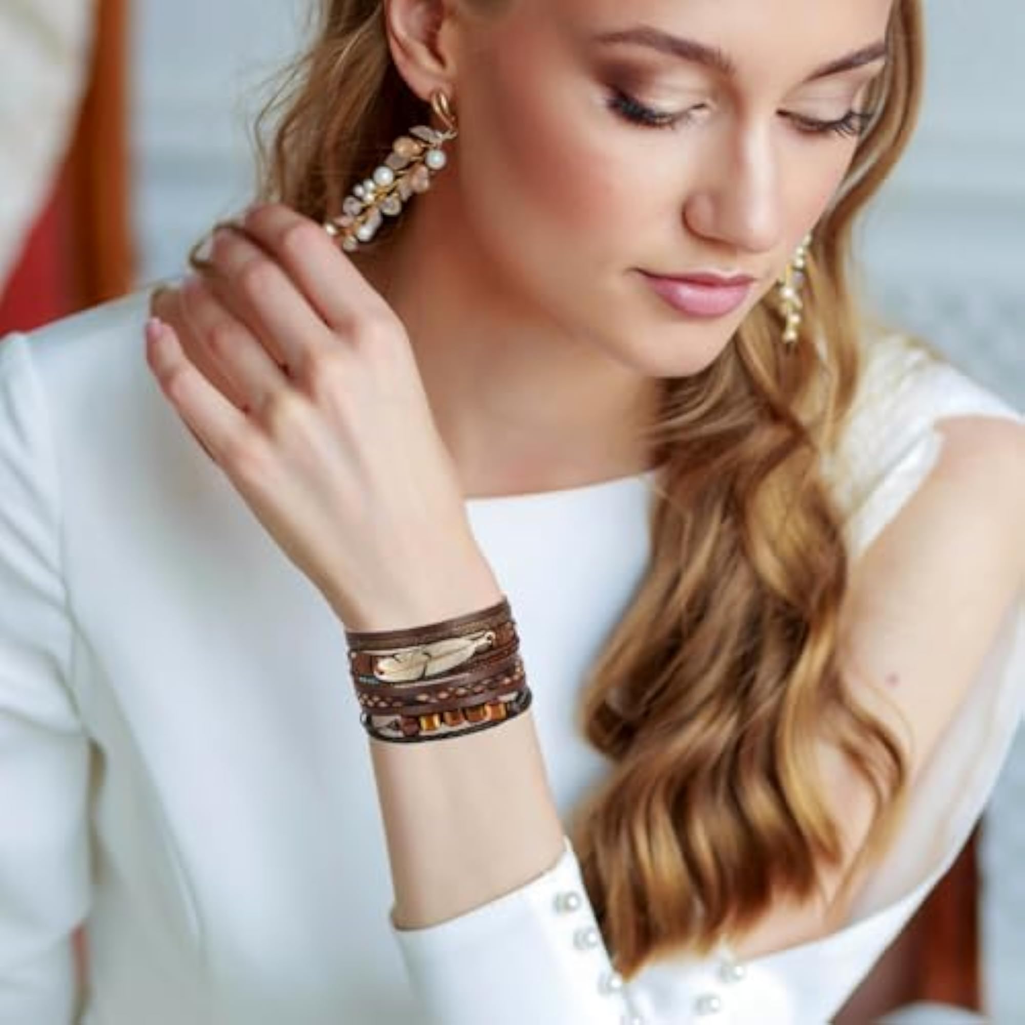 Women's Boho Leather Wrap Pearl & Crystal Bracelet