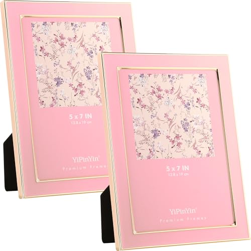 YiPinYin 2-Pack 5x7 Pink Enamel Square Picture Frames with Gold Plated Edge - HD-Real Glass & Velvet Back Light Pink Dcor for wedding romance and home office dcor.