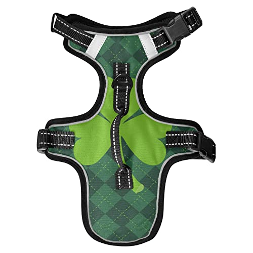 Oyihfvs St Patrick's Day Green Shamrock Clover Lucky on Checker Paid Dog/Cat Vest Harness, Reflective Adjustable Antiskid No Pull Pet Harness with Leash Clips Easy Control Handle for Cats Dogs S