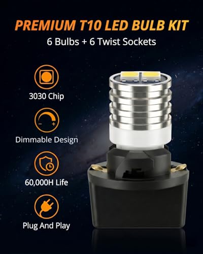Image of WLJH T10 Led Interior Lights Car Gauge Dashboard Dash Light Instrument Cluster Panel w5w 2825 194 Led Bulb Twist Socket Pc195 Pc194 Pc168 Super Bright 12V (White,Pack Of 6) | 3030 SMD, 200lm, PC194 PC168 PC195, Dimmable, Plug and Play, Dome Map, License Plate, Gauge Instrument Light, 6-Pack