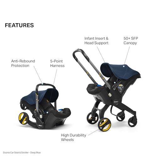 Image of Doona Baby Car Seat & Travel Stroller Deep Blue -Convertible Infant Car Seat, Carry Cot and Pram with 5 Point Safety Harness - Ergonomic Pushchair and Travel System - Latch Base Sold Separately*