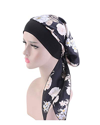 JUHONNZ Chimio Turban pour Femmes,Écharpe de Tête en Satin Casquette de Turban en Fausse Soie Couvre-tête Elastique Mousseline Bandana Casquette pour Femmes Cancer (Black-Flower) Cover