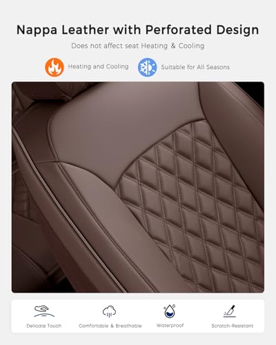 Image of Huidasource Coffee Front Seat Cover, Nappa Leather Front Car Seat Cover, Side Elastic Fabric, Compatible with Airbags, Seat Belts, Universal Fit for Most Cars, Vans, Trucks, SUV (Front Pair /Coffee)