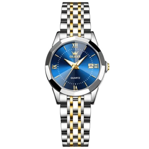 OLEVS レディース腕時計 日本製クォーツ ステンレスバンド クラシック文字盤 夜光機能 30M防水 ビジネス 女性用ウォッチ 人気 おしゃれ かわいい ギフト watch for women (シルバー+ゴールドのバンド+ブルーの文字盤 9989)