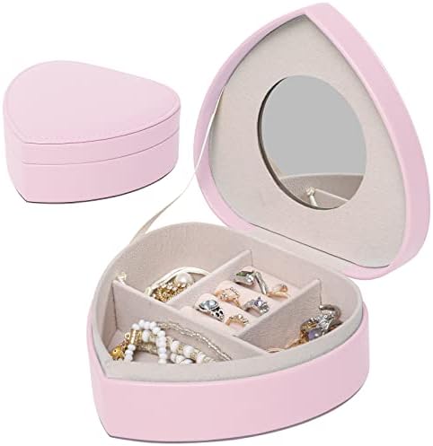 DECOR4SEASON Travel Portable Heart Shape Small Jewelry Case with Compact Mirror for Necklace Earring Rings Bracelets Organizer Storage Box for Women Girls Gift, Pink