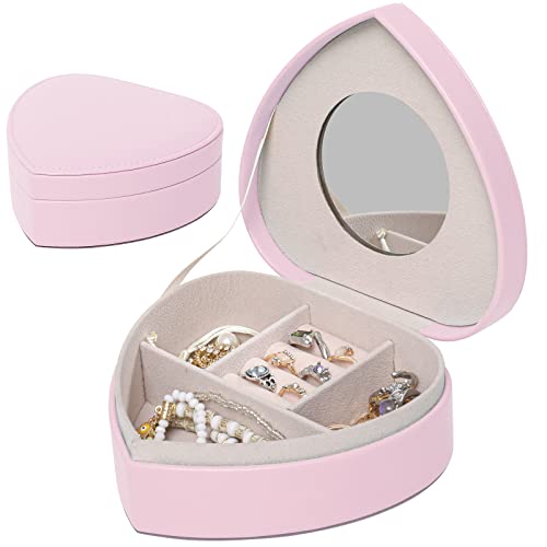 Decor4Season Travel Portable Heart Shape Small Jewelry Case With Compact Mirror For Necklace Earring Rings Bracelets Organizer Storage Box For Women Girls Gift, Pink #TOP14