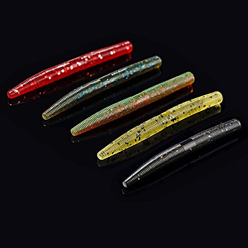Sunmile 50Pcs 5 Colors Senko Worms Bass Fishing Lure Kit Wacky Rig Worms Soft Plastic Stick Baits 3.1" 4.1" Inch #TOP6