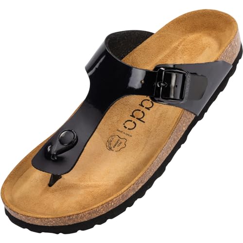 Palado Zehentrenner Damen Kos Lack – gefertigt in Spanien – glänzende Lack-Optik – weiches Veloursleder-Fußbett – dein idealer Sommerbegleiter Schwarz UK4,5 - EU37