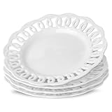 fMBB Round Appetizer Plate with Scalloped Edge Lace Rim, Set of 4, White 8 inch Ceramic Dessert Plates, Small for Cake Snack Side Dish, Microwave and Dishwasher Safe